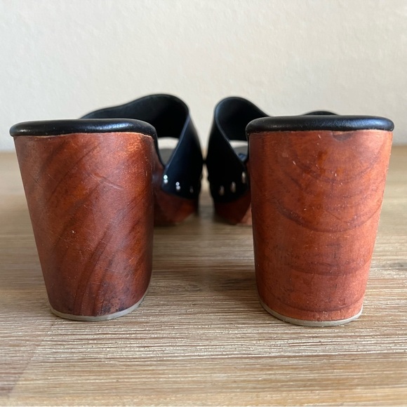 Mango Shoes Womens 7.5 Black Leather Chunky Wood Studded Platform Block Heel - Picture 11 of 16